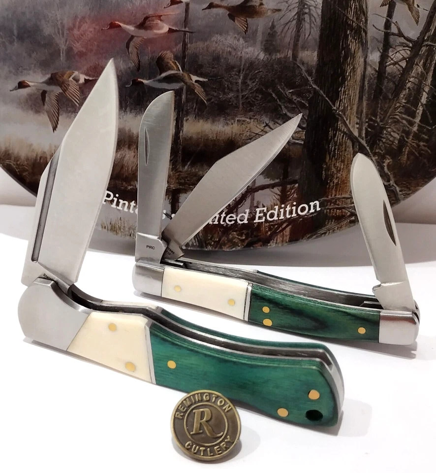 Remington Pin Tails Duck Scene Tin White Bone Stockman Lockback Pocket Knife Set - Image 2 of 4