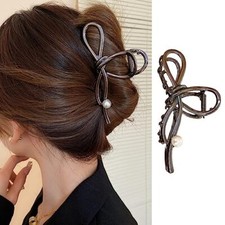 Large Hair Claw Clips Metal Black Bow Hair Clips with White Pearls Design Non