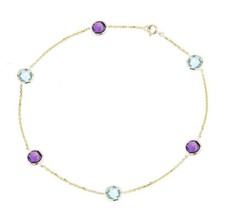 14K Yellow Gold Anklet Bracelet With Blue Topaz and Amethyst Gemstones 9 Inches