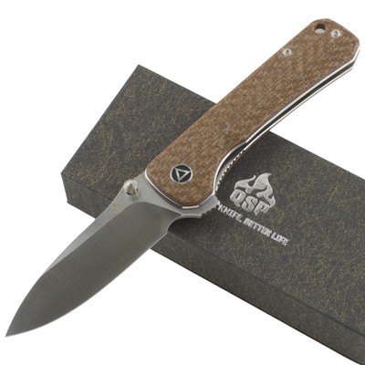 QSP Hawk Brown Micarta Linerlock Folding Pocket Knife 14C28N Steel Blade