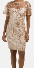 New Adrianna Papell Embroidered Champagne Gold Short Sleeves Sheath Dress NWT