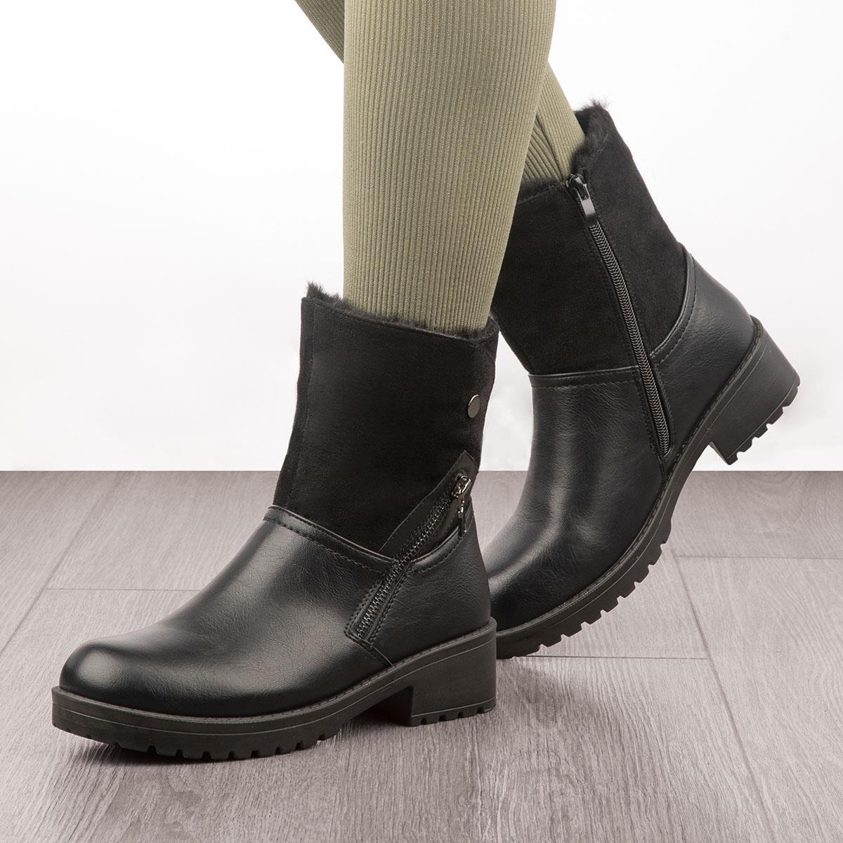 Lilley Womens Boots Black Ladies Faux Fur Lined Ankle Zip Up Mona shoezone  SIZE