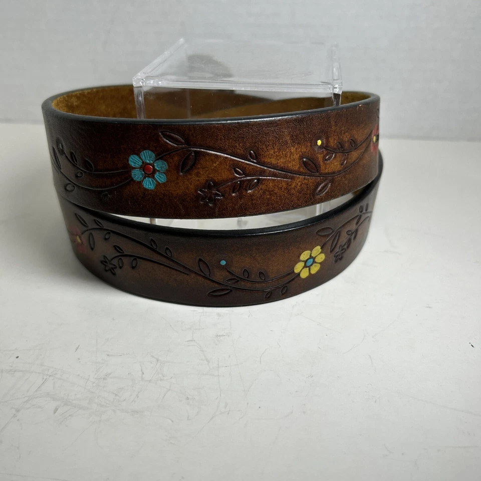 Cinturón Brighton Cuero Tooled Marrón Flores Talla L 34 Hebilla Corazón B20264 Boho  Foto 4 de 4