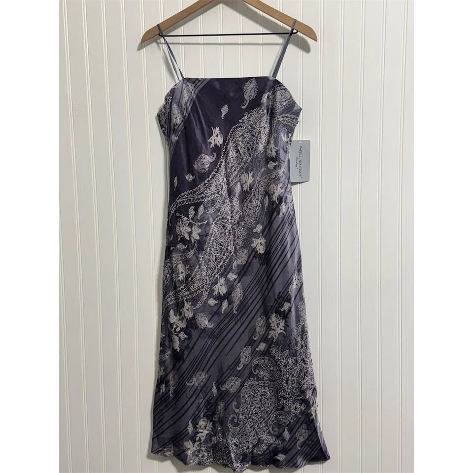 全新带标签 Papell Boutique 10 真丝懒人连衣裙 Midi Paisley 串珠 Y2K 晚礼服 — 第 2/4 张图片