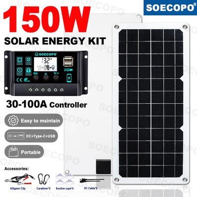 SOECOPO 150W Monocrystalline Solar Panel Kit with 30A/60A/100A LCD Controller fo