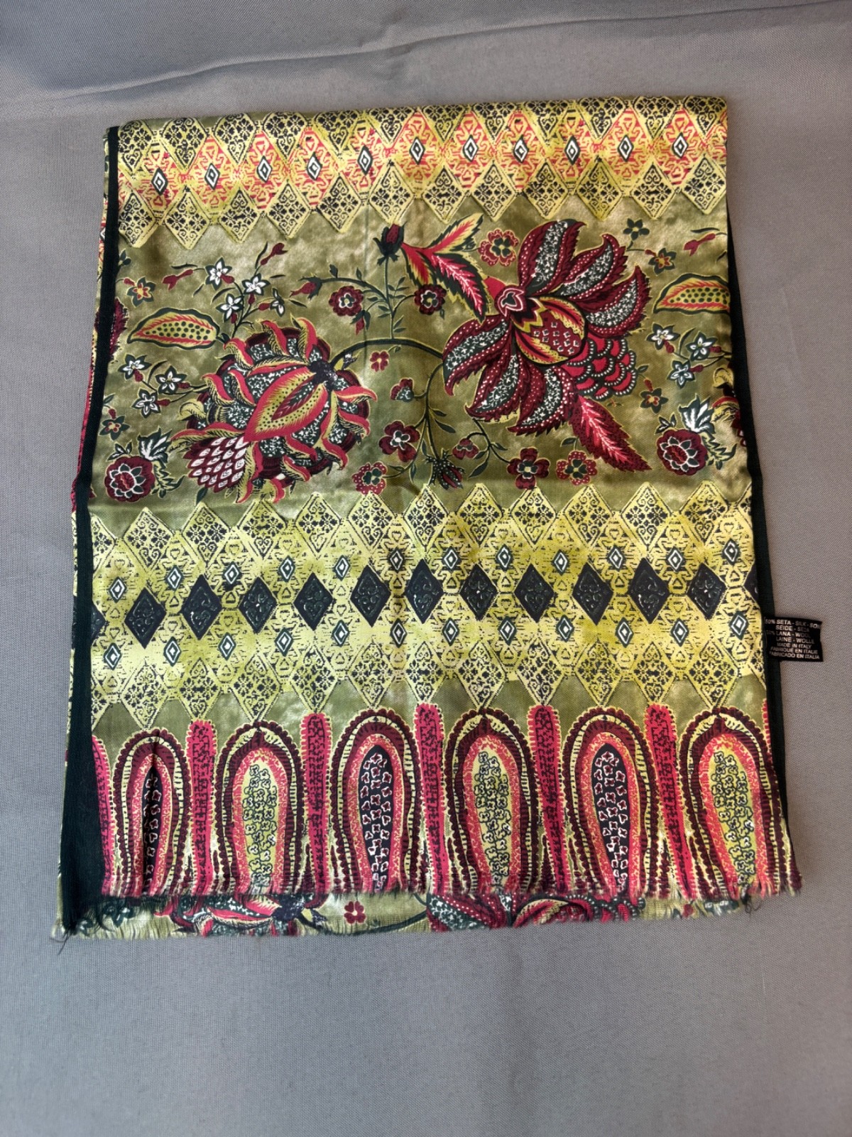 GREEN PINK SILK WOOL LINED RECTANGLE PAISLEY FLOR… - image 5