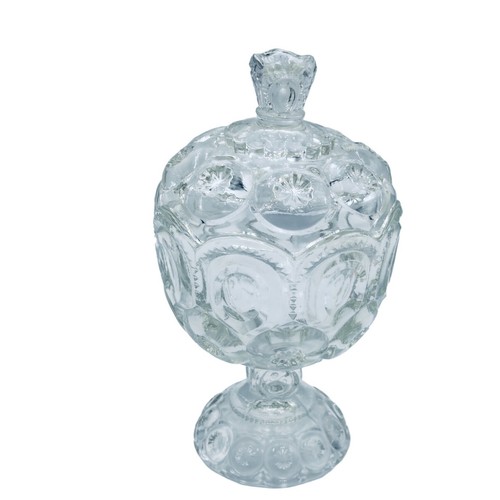 Vintage Smith Glass Moon and Star Clear Pedestal Lidded Candy Dish Compote 8"