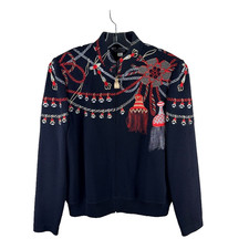 St John Collection by Marie Gray Size 10 Black Embroidered Knit Full Zip Holiday
