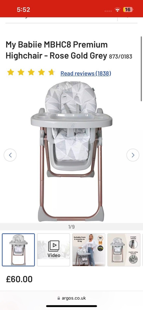 My Babiie MBHC8 Premium Highchair Rose Gold Grey, Adjustable and