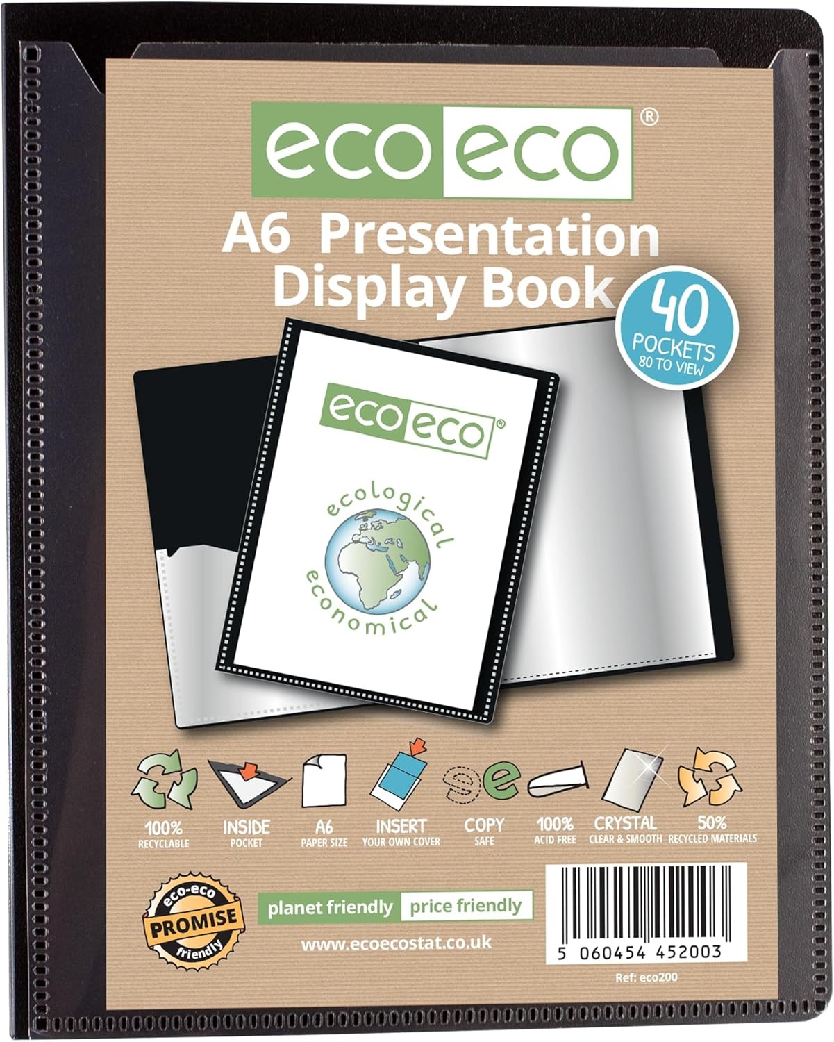 eco-eco A6 Size 50 Percent Recycled 40 Pocket Black Presentation Display Book,