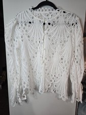 Women s White Lace Blouse M Geometric Sheer Lightweight High Neck Button Front