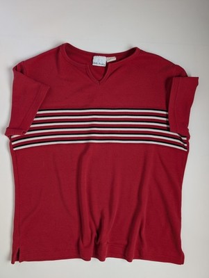 Bobbie Brooks Red Short Sleeve Knit Top Striped Retro Tee Shirt Women s
