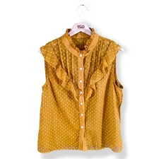 Ladies Mustard Ruffled Blouse Size 16 Sleeveless Button Down Summer Top