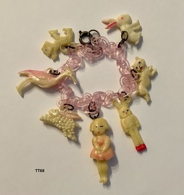 Little Girl Bunny Standing Cat Rabbits Dog Celluloid Cracker  CHARM BRACELET