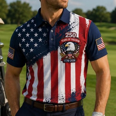 250 Years of Freedom Golf Polo Shirt, American Flag Eagle Patriotic Polo for Men