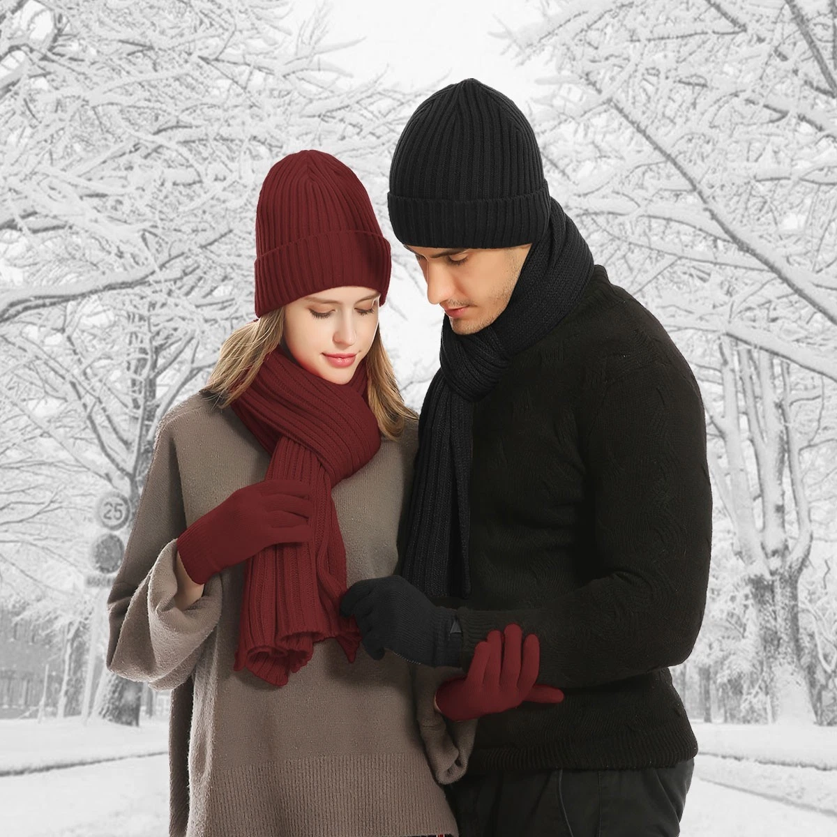 Mens & Womens Hot Thermal Knitted Heanie Hat Scarf Gloves Set for Cold Winter US