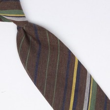 John G Hardy Mens Wool Silk Necktie Brown Yellow Green Stripe Weave Lightweight