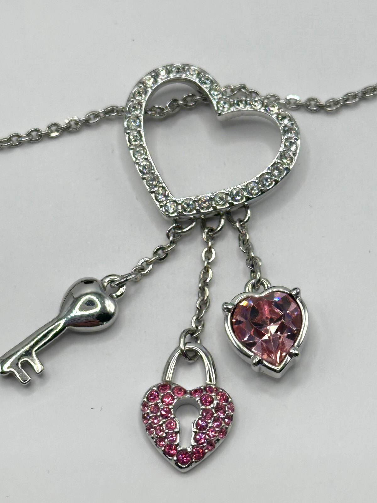 SWAROVSKI RHODIUM CHAIN NECKLACE PINK RHINESTONE HEART LOCK KEY