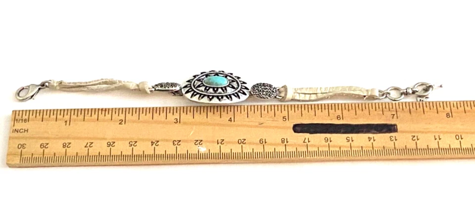 Pulsera imitación turquesa cuero tostado tono plata Foto 4 de 4