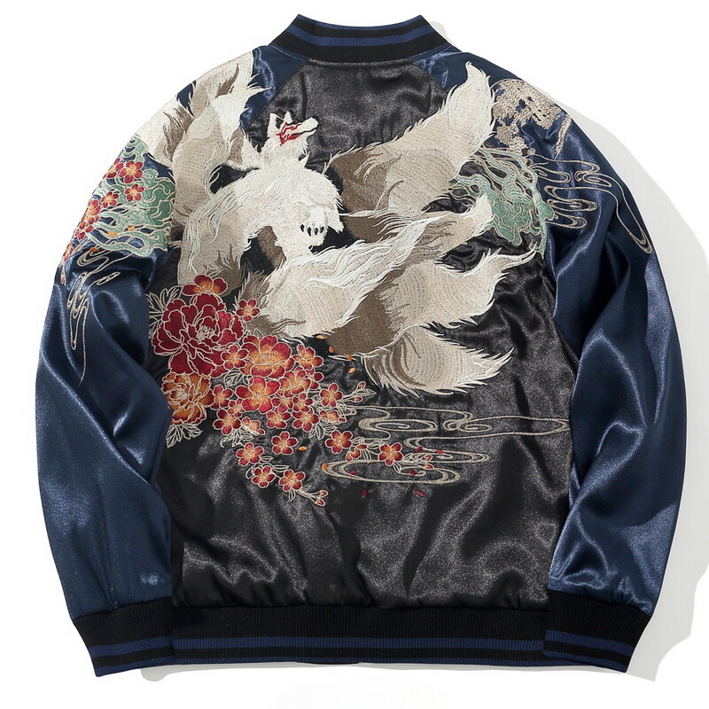 Mens Sukajan Souvenir Jacket Japanese Pattern Embroidery 9 Tailed