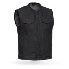 Motorcycle Mens Black Denim Vest with Concealed Carry/Mobile Pockets