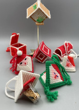 8 Handmade Vintage Christmas Ornaments Cross Stitch Plastic Canvas 3 Dimensional