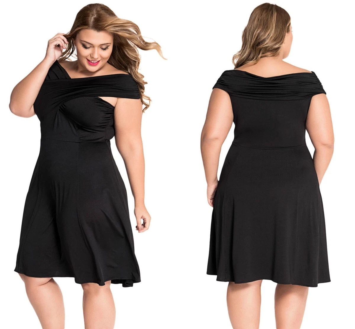 Ladies Dress Skater Women Sexy Solid Black Twist Off Shoulder