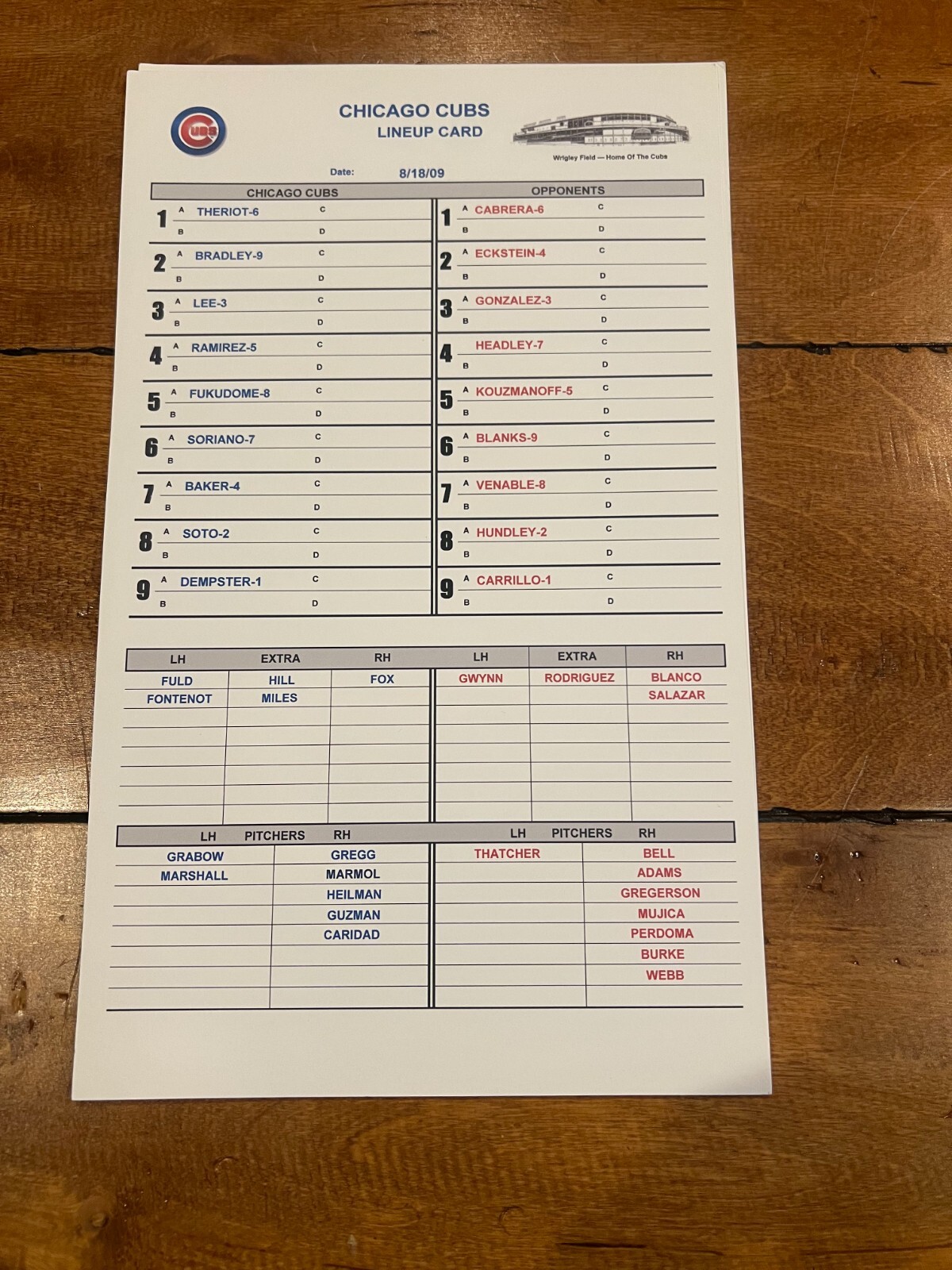 8/17/2009 UNUSED CHICAGO CUBS PADRES LINEUP LINE UP CARD RARE