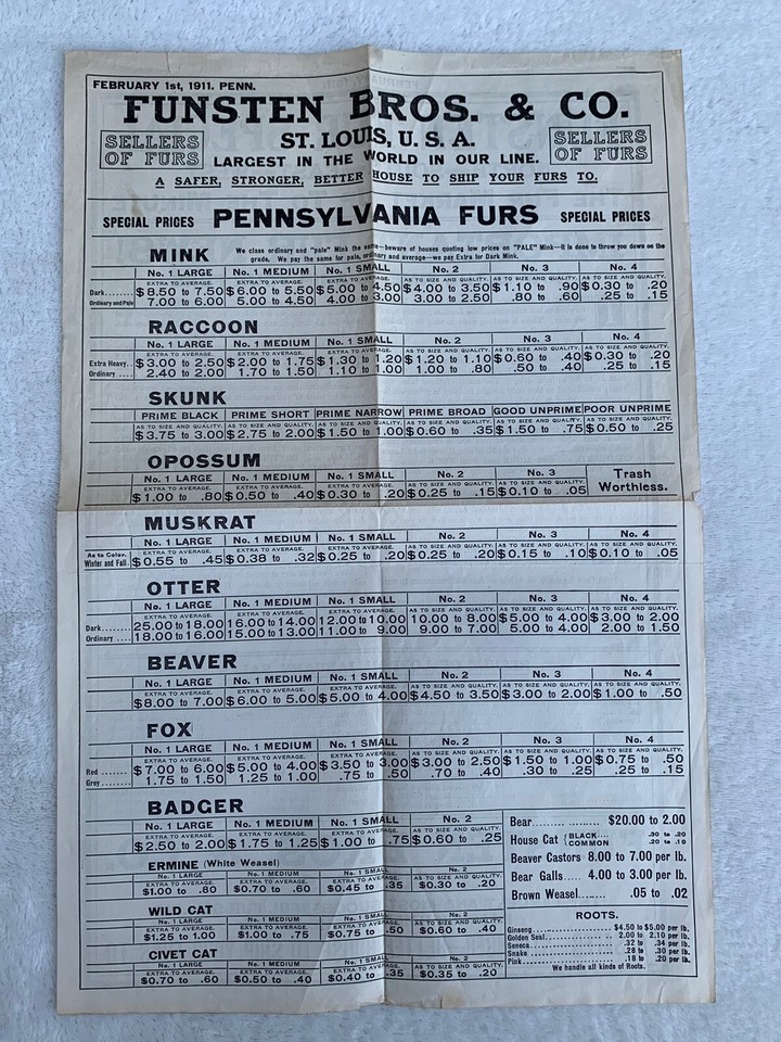 1911 FUNSTEN BROS TRAPPING PRICER PA PENNSYLVANIA 17.75/11.75" eBay