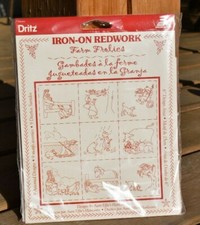 VINTAGE DRITZ IRON-0N REDWORK FARM FANCIES TRANSFERS, NEW IN PACKAGE, B11