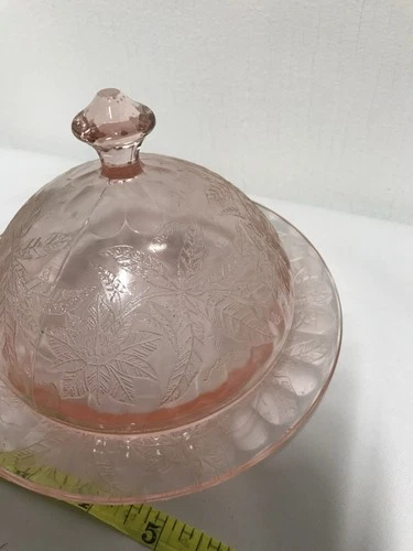 Pink Depression Glass, Round Covered Butter Dish Vintage Jeanette Poinsettia
