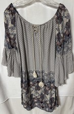 Umgee Bohemian Style Dress Keyhole Neckline Tassels & Bell Sleeves Size S