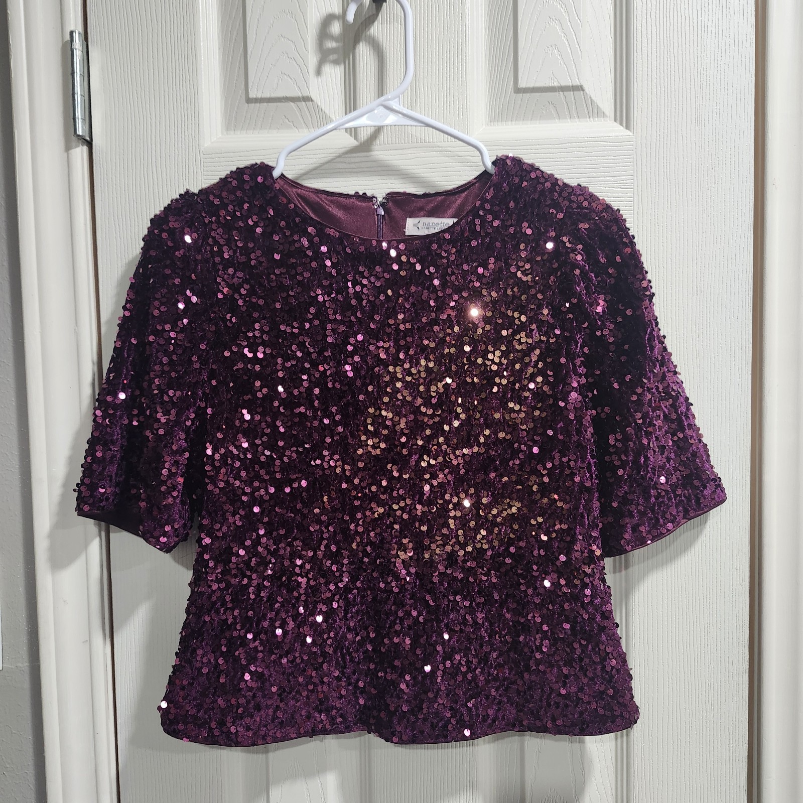 Nanette Nanette Lepore Sequin Velvet Top Burgundy Short Sleeve Party Blouse M