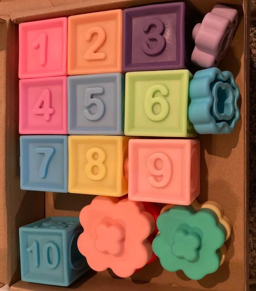 Elbebe Block Set NIB Silicone Numbers Animals Stacking Shapes Flower Stacker 16p - Image 2 of 4