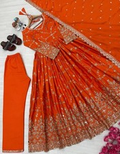 Fancy Look Heavy Chinnon Silk Orange Salwar Kameez With Dupatta For Women