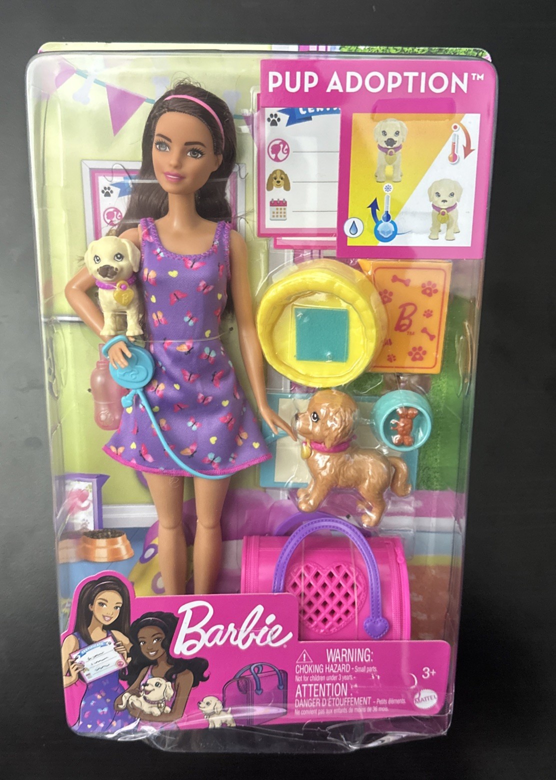 Barbie Pup Adoption Playset and Doll with Brown Hair, 2 Puppies and Color Change