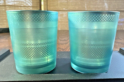 2x Shooter Shot Glasses Metallic Teal  Crosshatch Stripe Pattern When Backlit!