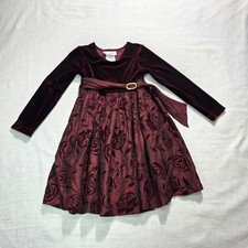 Vtg Bonnie Jean Dress Girls 4 Burgundy Velvet Burn Out Skirt Sash Holiday Union