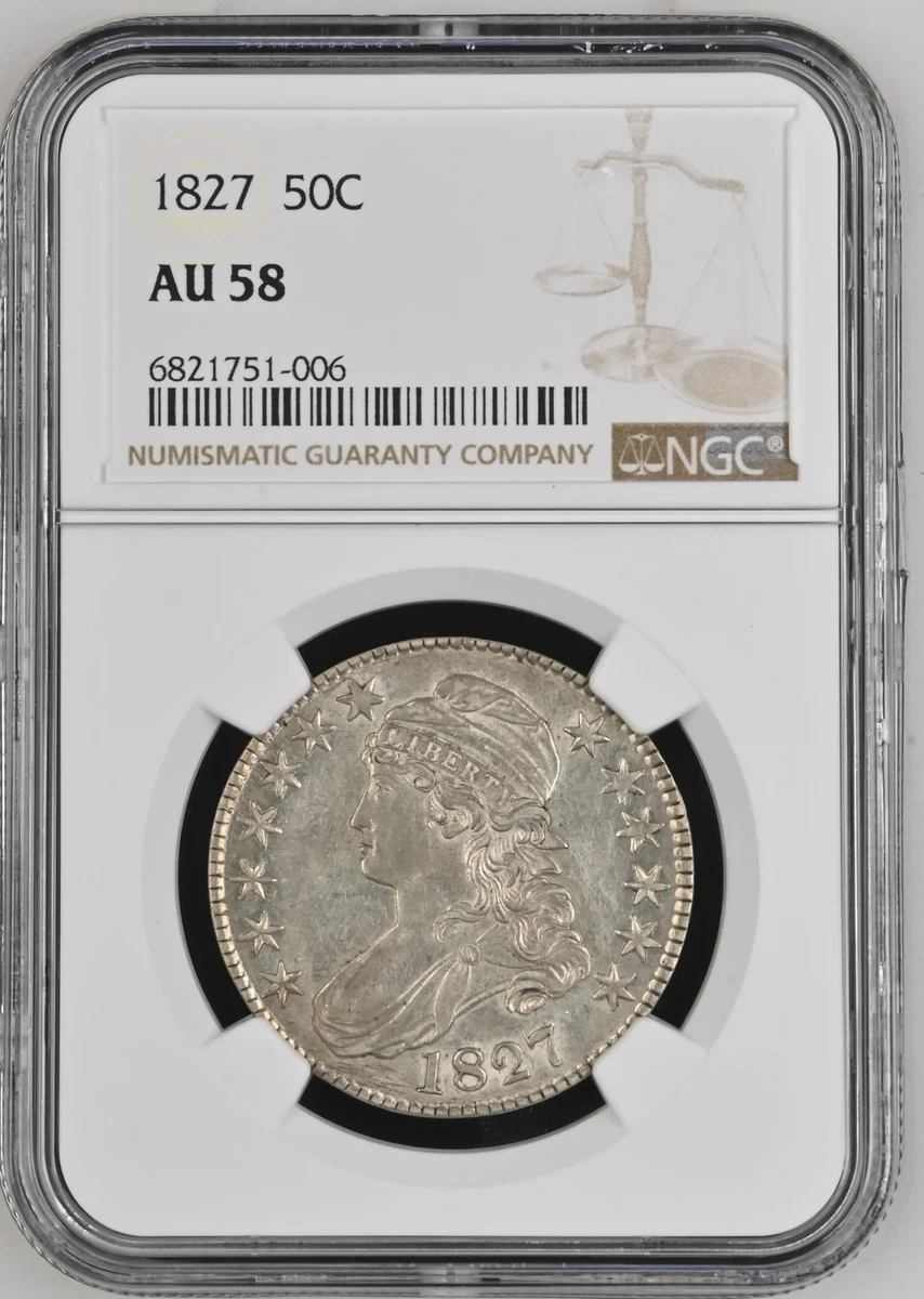AU 58 Graded 1827 Year US Early Half Dollar Coins (1794-1839) for