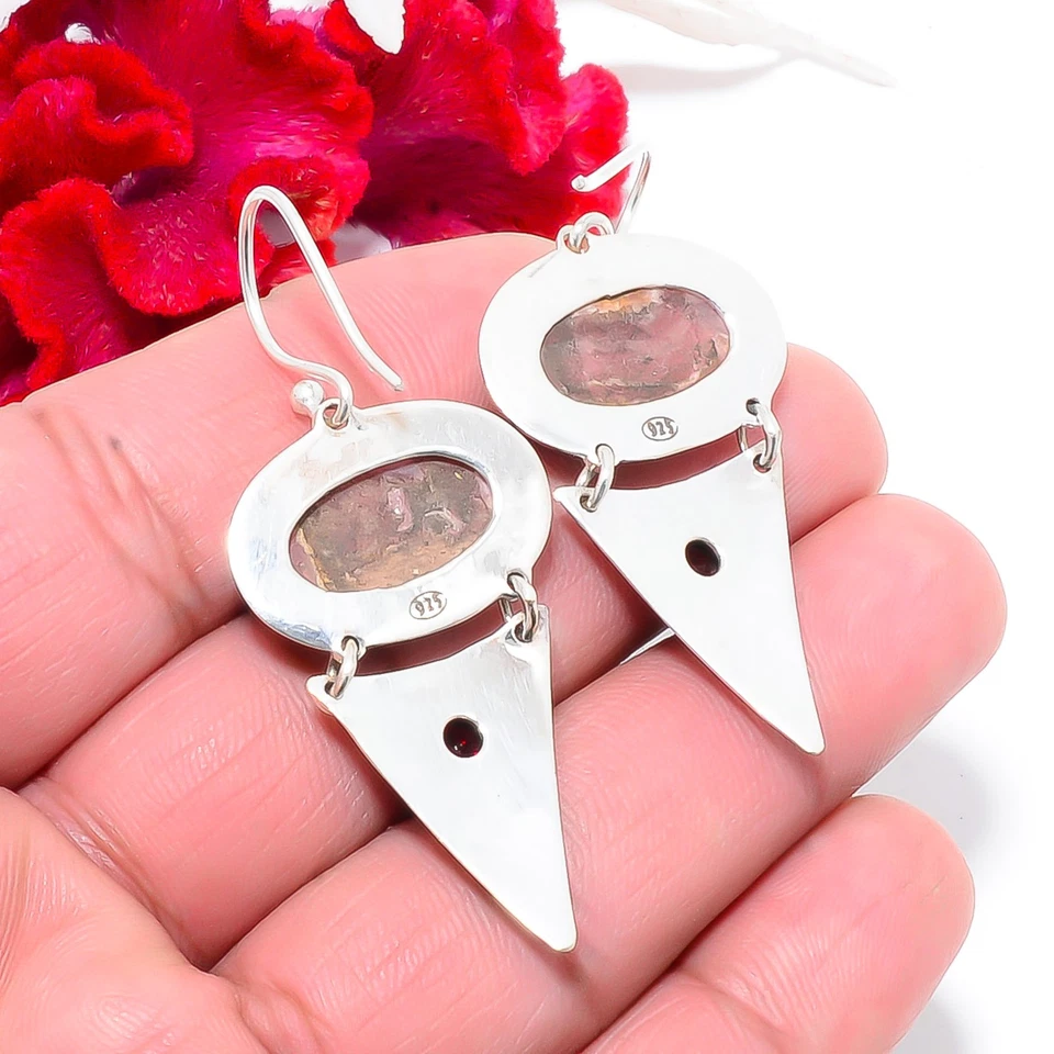 Rhodochrosite - 阿根廷和红色石榴石 925 纯银耳环 2.15 英寸 E83814 — 第 4/4 张图片