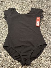 NWT Child Girl Capezio Cap Sleeve XL Black Leotard 90 Cotton 10 Spandex