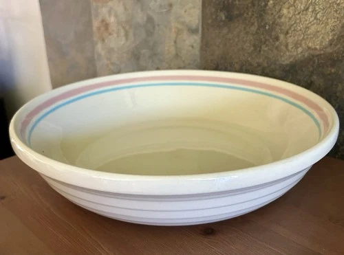McCoy Pink & Blue Stripe Pasta Serving Bowl 12" Glazed Stoneware Vintage 1970s