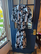 DKNY Black/Blue Floral Shirt Dress, Size 14, Collared Button-Down Belted Midi