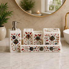White Marble Bathroom Set with Lapis Lazuli Inlay Art 5 Piece Luxury Hotel Deco