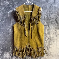 Vntge 60s Suede Fringe Vest Western Boho Hippie Festival Leather Green Cowgirl M