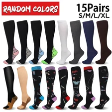 15 Pairs Knee-High Compression Socks Random Color 20-30mmHg Mens Womens S/M-XXL