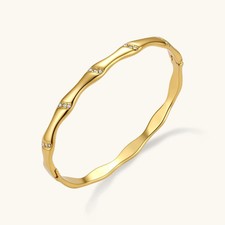 Gold Bamboo Style Bangle Bracelet with Crystal Clusters