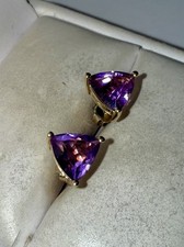 ESTATE Solid 14K Gold Trillion-Cut Natural Amethyst Stud Earrings Set