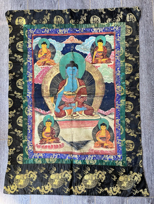 Antique  c. 1920 s Tibetan Buddhism Thangka Hand Painted Textile Hanging Buddha