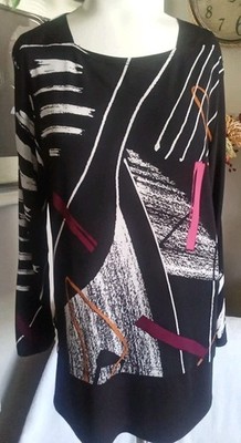 Jess & Jane Blk Multi Poly Span Stretch Pullover Tunic Blouse USA Made Sz M